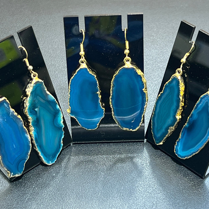 Teal Agate Slice Earrings (Gold Plated Edges)(Stainless Hooks) Geode Slice Jewelry Supply