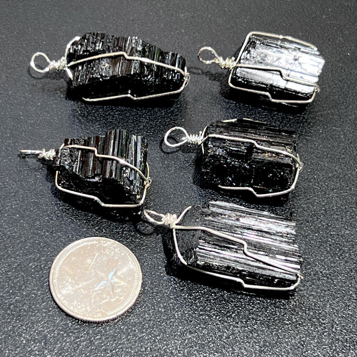 Raw Black Tourmaline Crystal Pendant (Silver Plated Wire Wrapped) Rough Gemstone Jewelry Necklace Supply