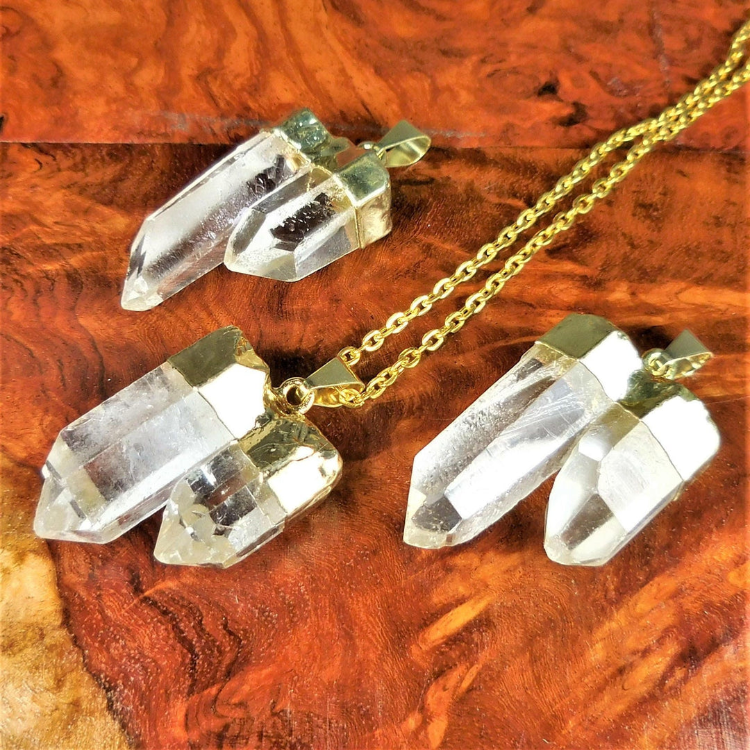 Quartz Crystal Double Point Pendant (Gold Plated) Gemstone Jewelry Necklace Charm Supply