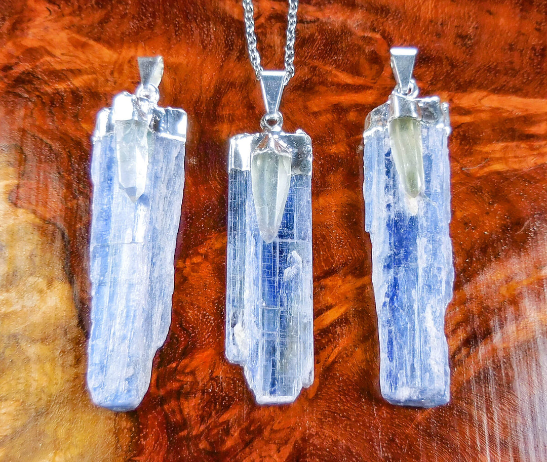 Kyanite and Quartz Crystal Pendant (Silver Plated) Blue Gemstone Jewelry Necklace Supply