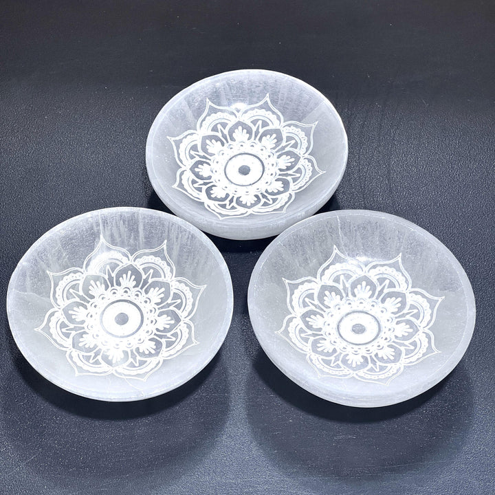 Selenite Crystal Mandala Lotus Engraved Bowl (10cm)(4 Inches) Gemstone Decor Carving Wholesale Supply