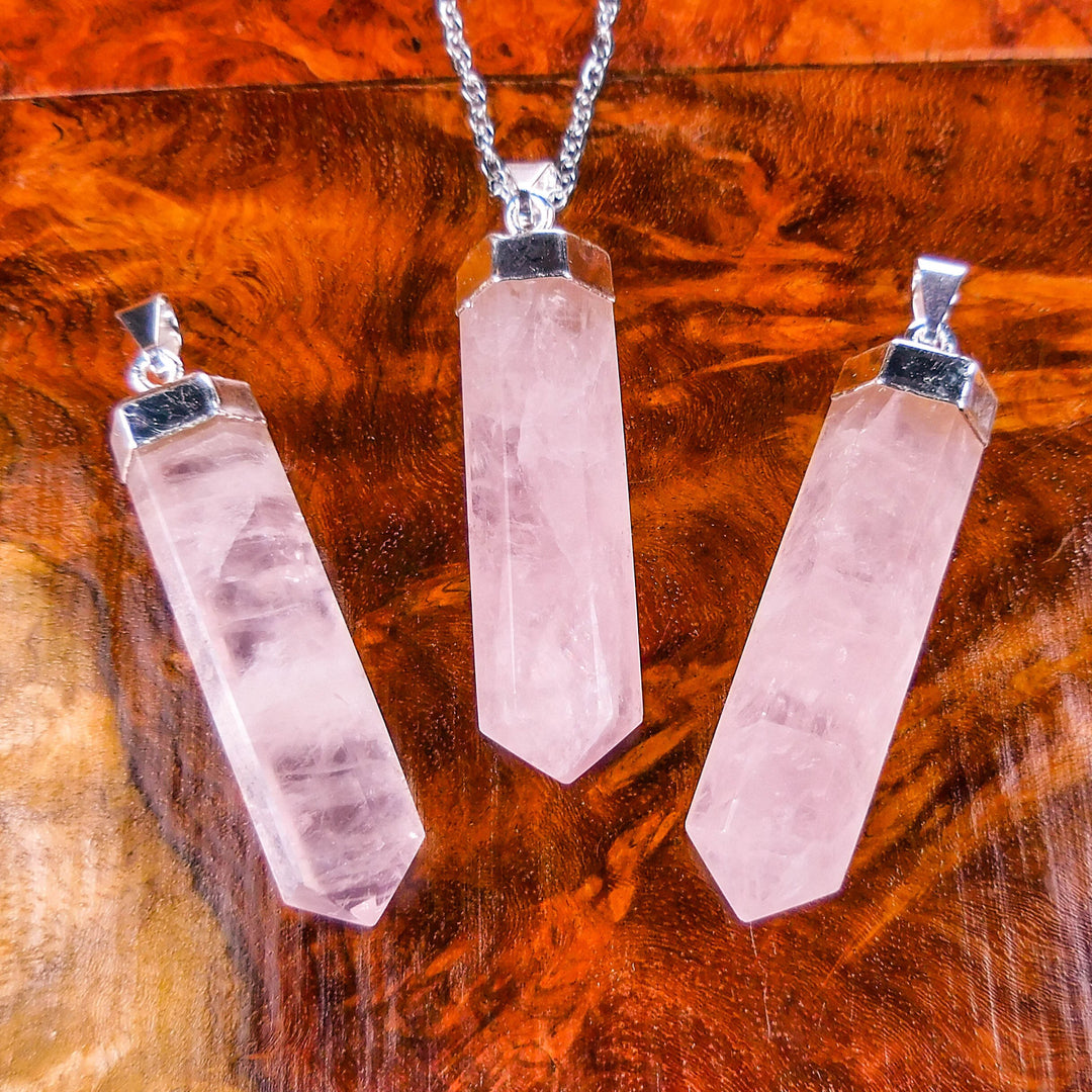 Pink Rose Quartz Crystal Point Pendant (Silver Plated) Faceted Gemstone Jewelry Necklace Supply