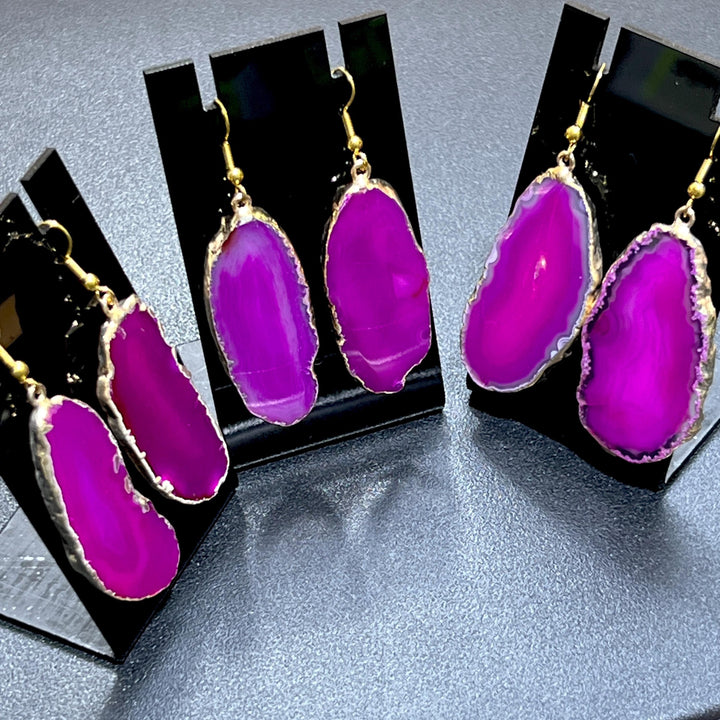 Pink Agate Slice Earrings Pair (Gold Plated Edges) Wholesale Gemstone Jewelry