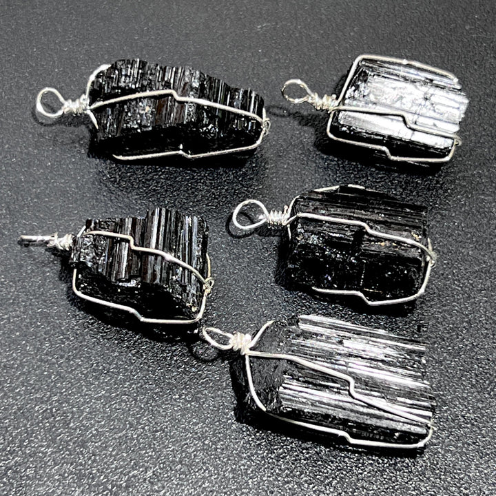 Raw Black Tourmaline Crystal Pendant (Silver Plated Wire Wrapped) Rough Gemstone Jewelry Necklace Supply