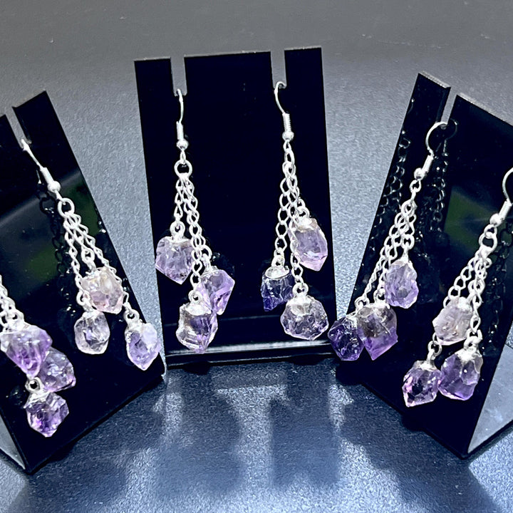 Amethyst Crystal Earrings Pair (Stainless Steel Silver Hooks) Long Dangle Gemstone Jewelry Supply