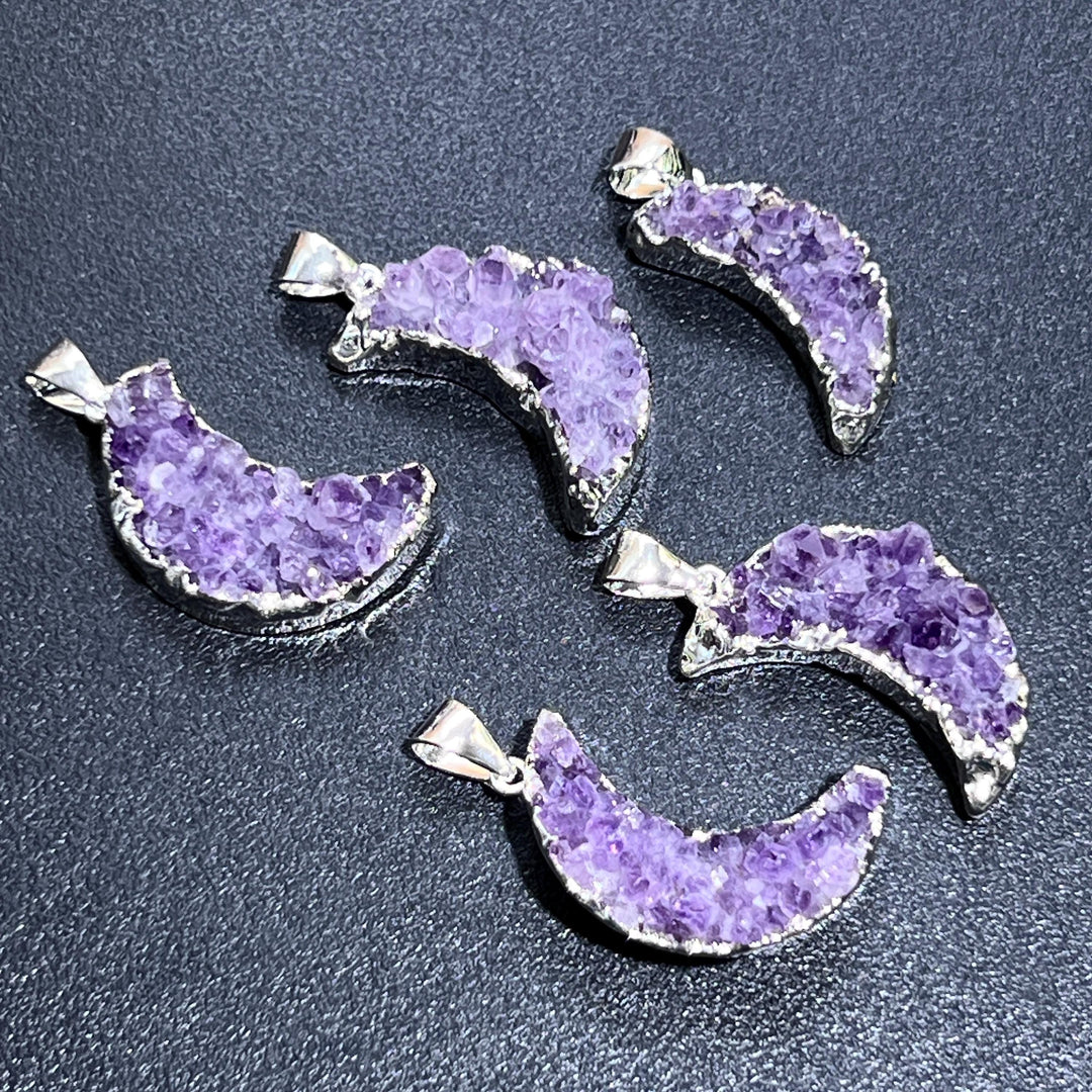 Crescent Moon Pendant (Amethyst Druzy Crystal)(Silver Plated) Gemstone Jewelry Necklace Charm Supply