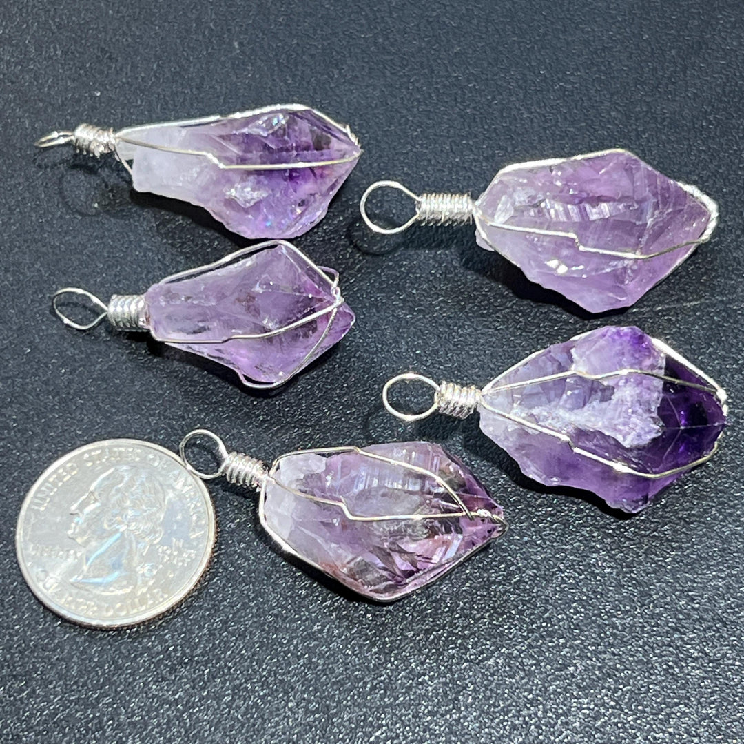 Amethyst Crystal Point Pendant (Silver Plated Wire Wrapped) Raw Gemstone Jewelry Necklace