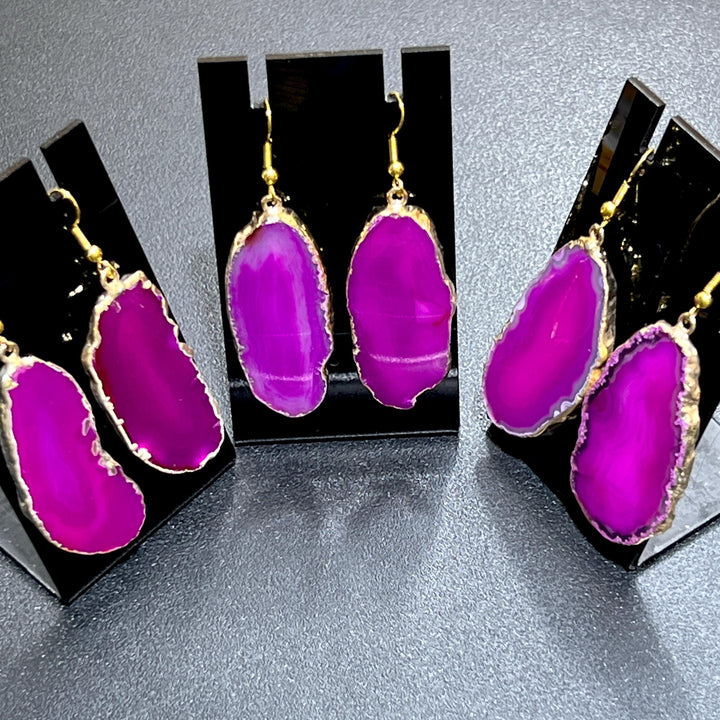 Pink Agate Slice Earrings Pair (Gold Plated Edges) Wholesale Gemstone Jewelry