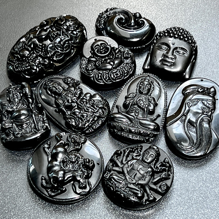 Mixed Large Black Obsidian Drilled Beads Medallion Wafer Carving Wholesale