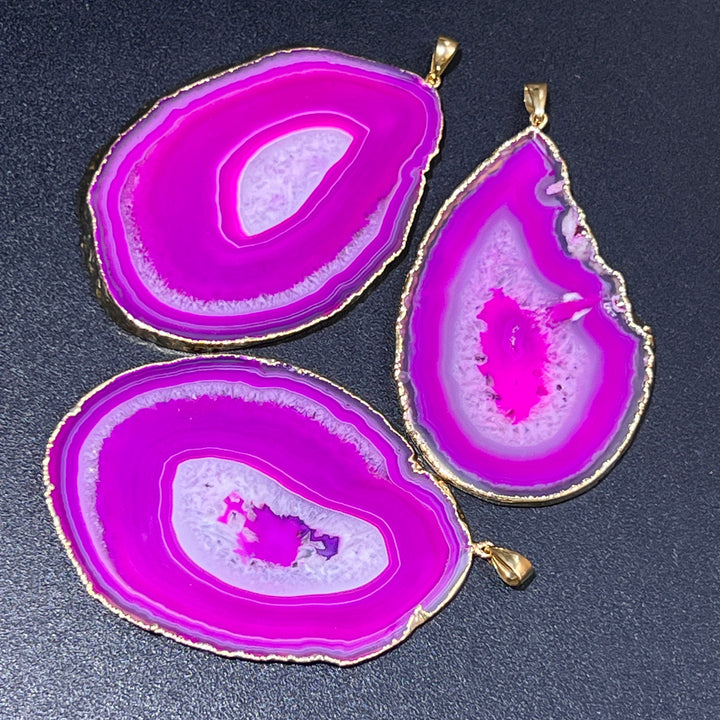 Hot Pink Agate Slice Pendant (Large 3-4 Inches)(Gold Plated) Geode Crystal Jewelry Necklace Supply