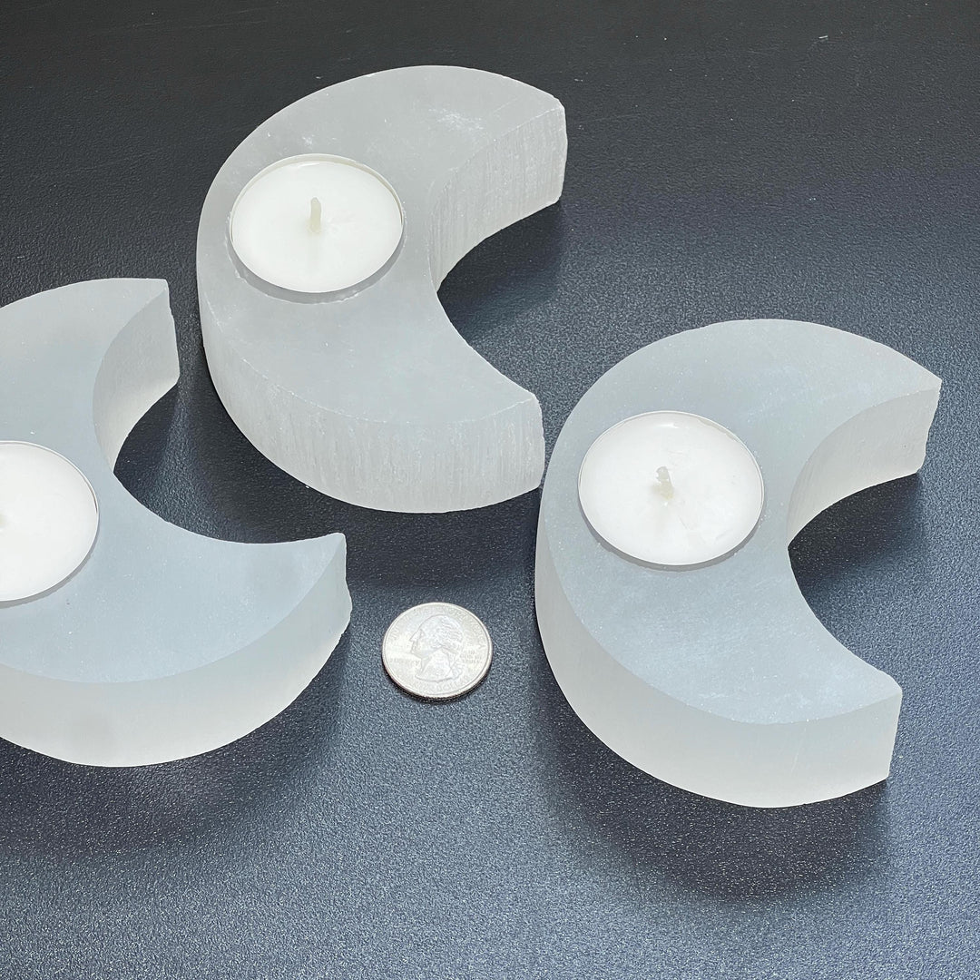 Selenite Crystal Crescent Moon Tealight Candle Carving Gemstone Home Decor