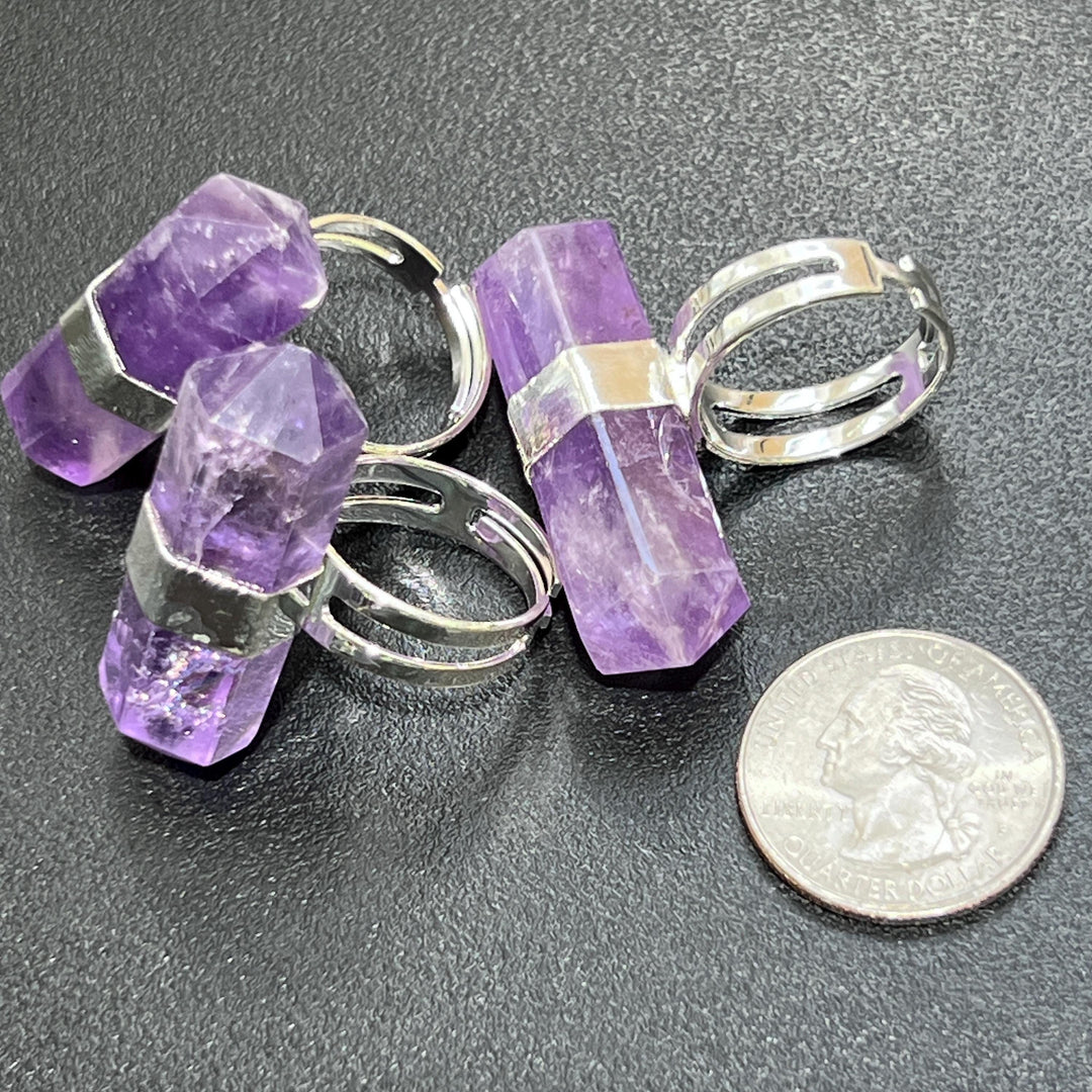 Amethyst Crystal Point Adjustable Ring (Silver Plated) Costume Jewelry Supply