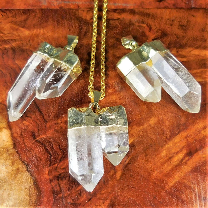 Quartz Crystal Double Point Pendant (Gold Plated) Gemstone Jewelry Necklace Charm Supply