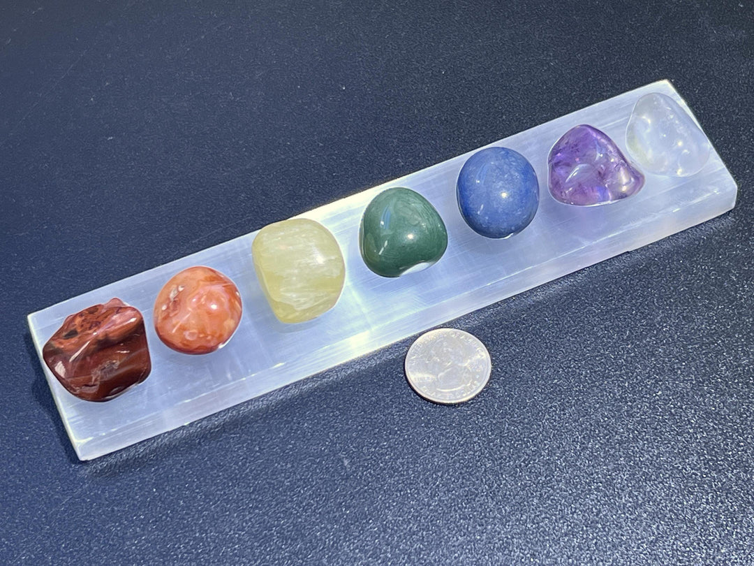 7 Tumbled Stone Crystal Collection Chakra Set With Selenite Bar Carving Reiki