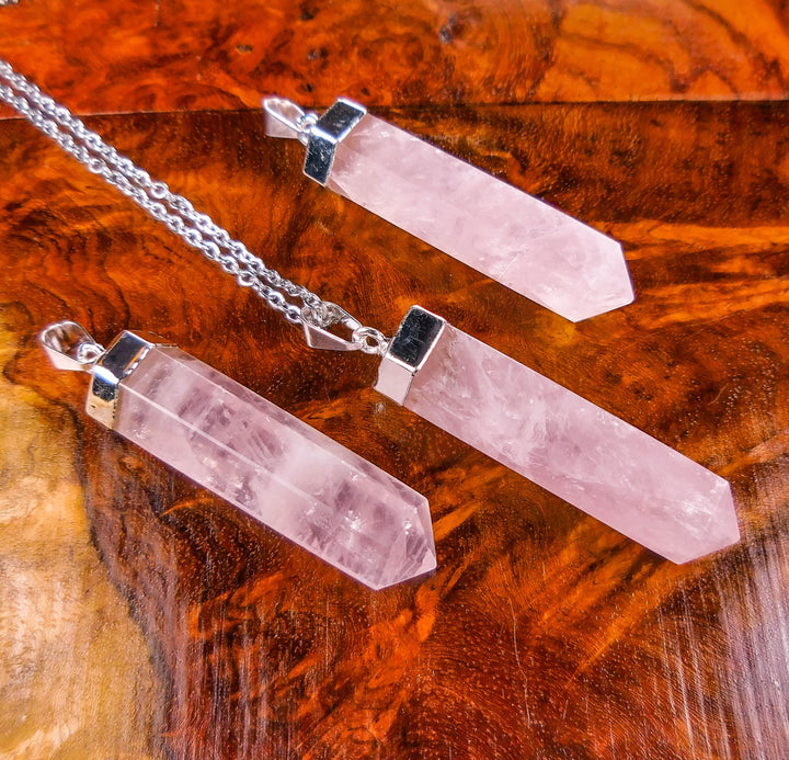 Pink Rose Quartz Crystal Point Pendant (Silver Plated) Faceted Gemstone Jewelry Necklace Supply