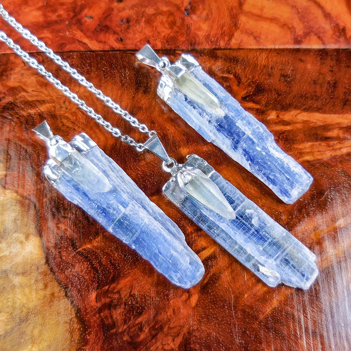 Kyanite and Quartz Crystal Pendant (Silver Plated) Blue Gemstone Jewelry Necklace Supply