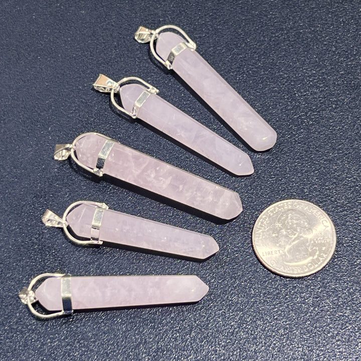 Pink Rose Quartz Crystal Point Pendant (Silver Plated) Long Thin Gemstone Necklace