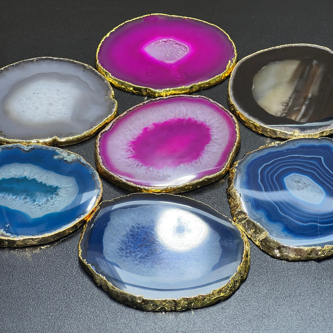 Agate Slice Coaster Gold Plated (Size #3)(3.5 Inches) Grade A Escort Place Cards Painting Blanks Pink Blue Teal Green Gray Purple Brown