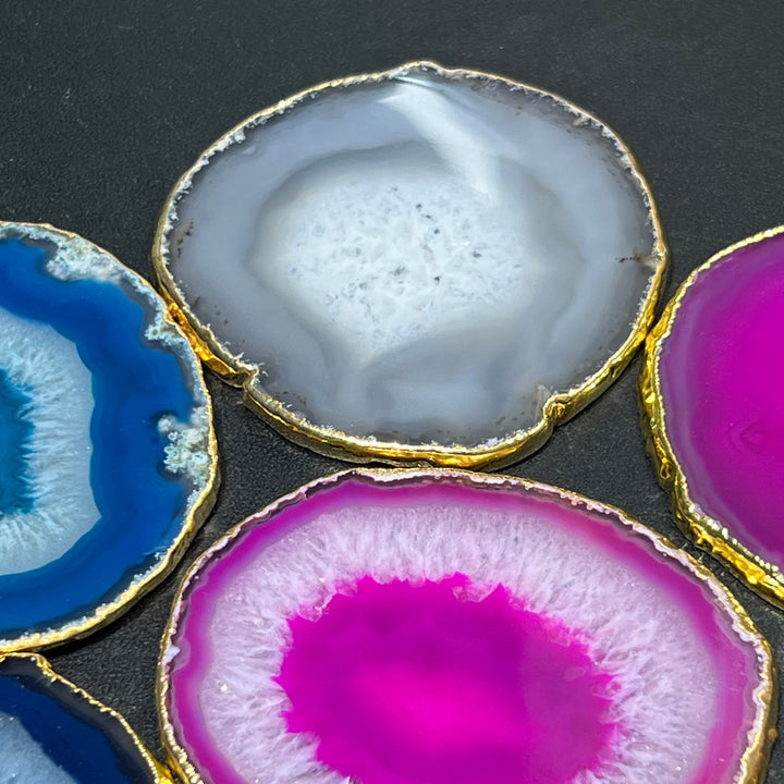 Agate Slice Coaster Gold Plated (Size #3)(3.5 Inches) Grade A Escort Place Cards Painting Blanks Pink Blue Teal Green Gray Purple Brown