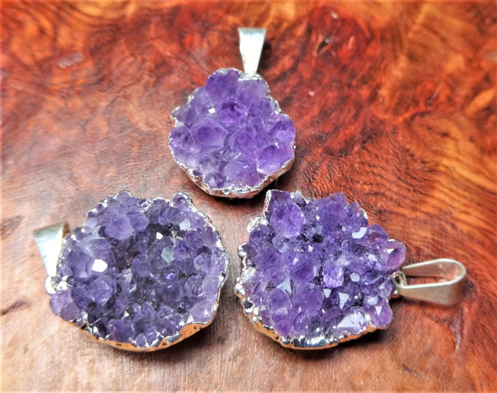 Amethyst Druzy Crystal Pendant (Silver Plated Edges) Petite Purple Jewelry Charm Necklace Supply