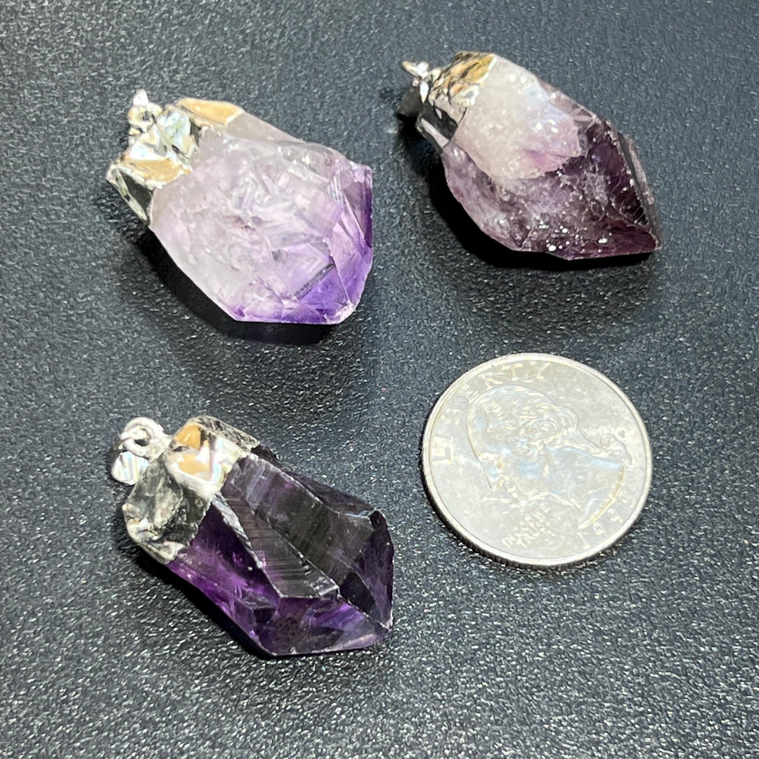 Purple Amethyst Crystal Rough Raw Point Pendant (Silver Plated) Wholesale