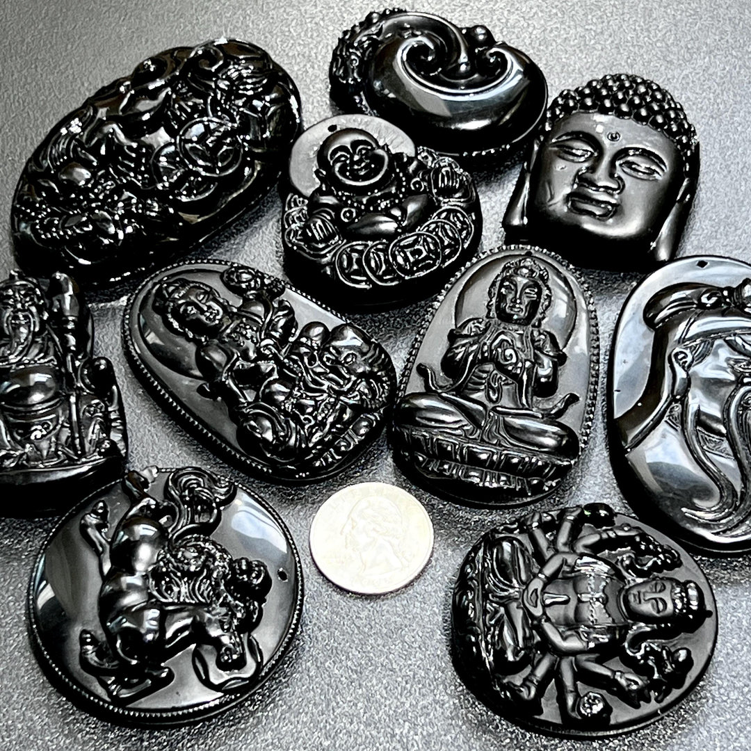 Mixed Large Black Obsidian Drilled Beads Medallion Wafer Carving Wholesale