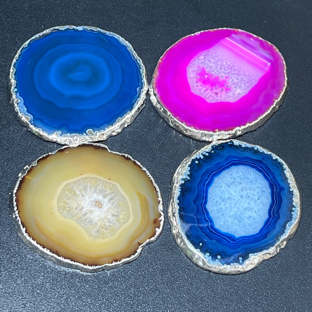 Agate Slice Coaster (2 pcs)(Silver Plated Edges)(3 Inches Wide) Polished Geode Escort Cards Place Card