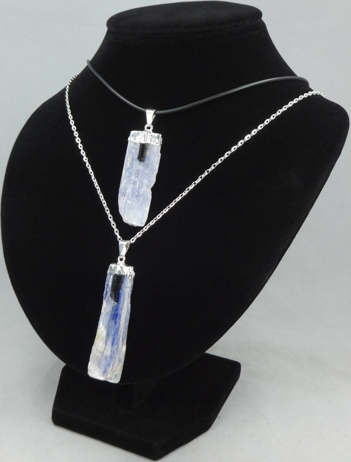 Blue Kyanite & Tourmaline Crystal Pendant (Silver Plated) Gemstone Jewelry Necklace Charm Supply