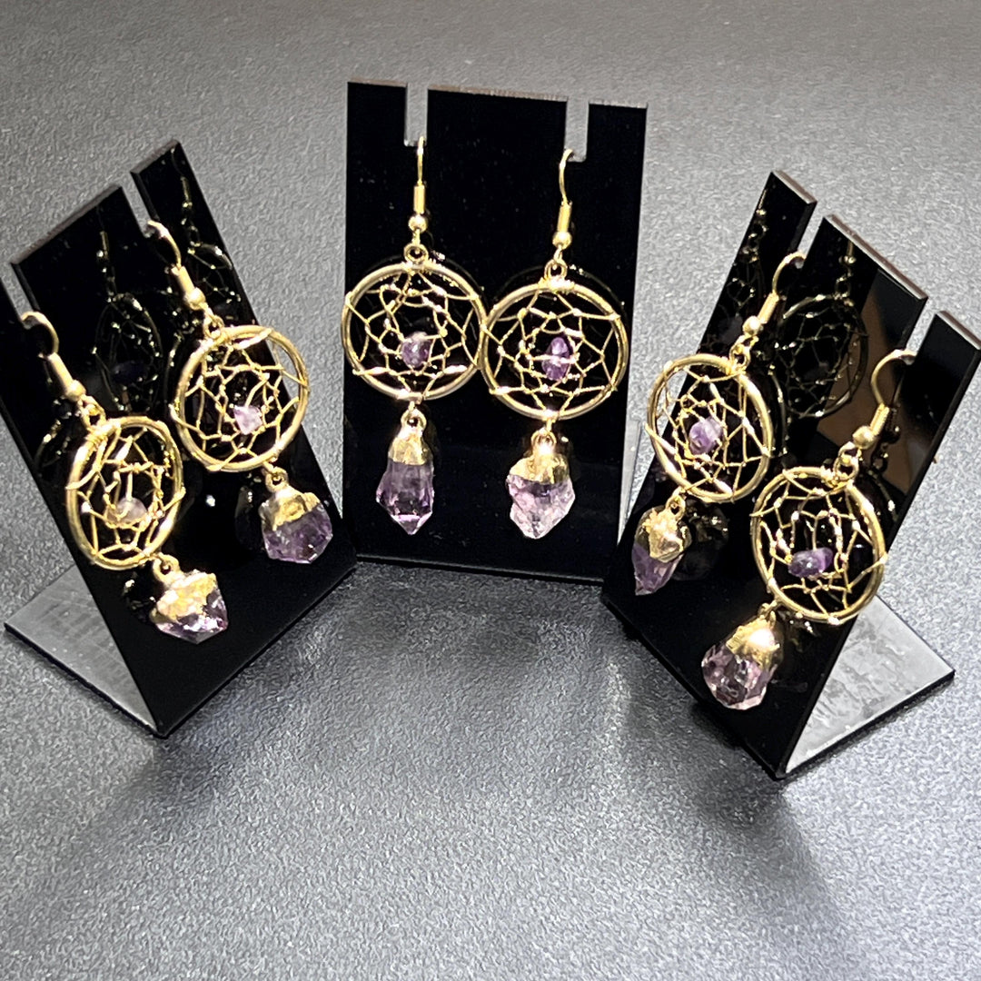 DreamCatcher Earrings Pair (Amethyst Crystal)(Gold Plated)(Stainless Steel Hooks) Gemstone Jewelry Supply