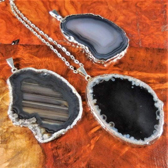 Agate Slice Pendants (Black / Brown)(Silver Edges) Wholesale Lot Polished Geode Slice Jewelry Charms