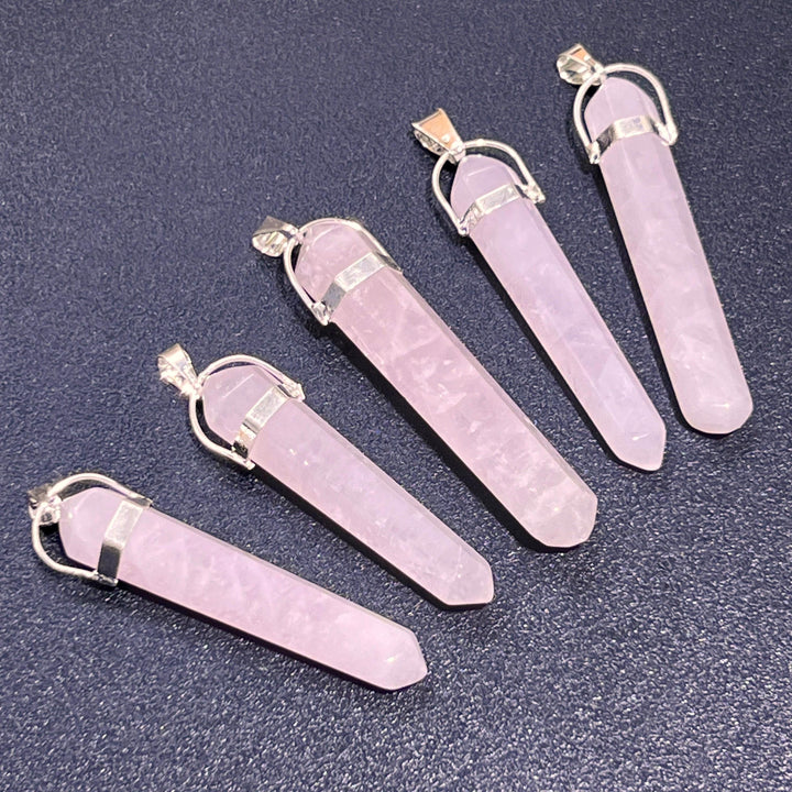 Pink Rose Quartz Crystal Point Pendant (Silver Plated) Long Thin Gemstone Necklace