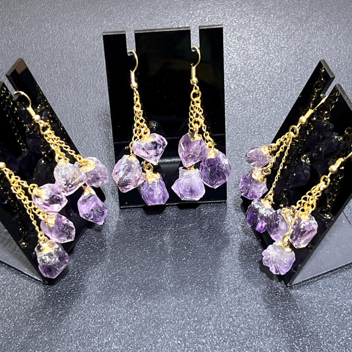 Long Dangle Amethyst Triple Crystal Point Earrings Pair (Gold Plated) Wholesale