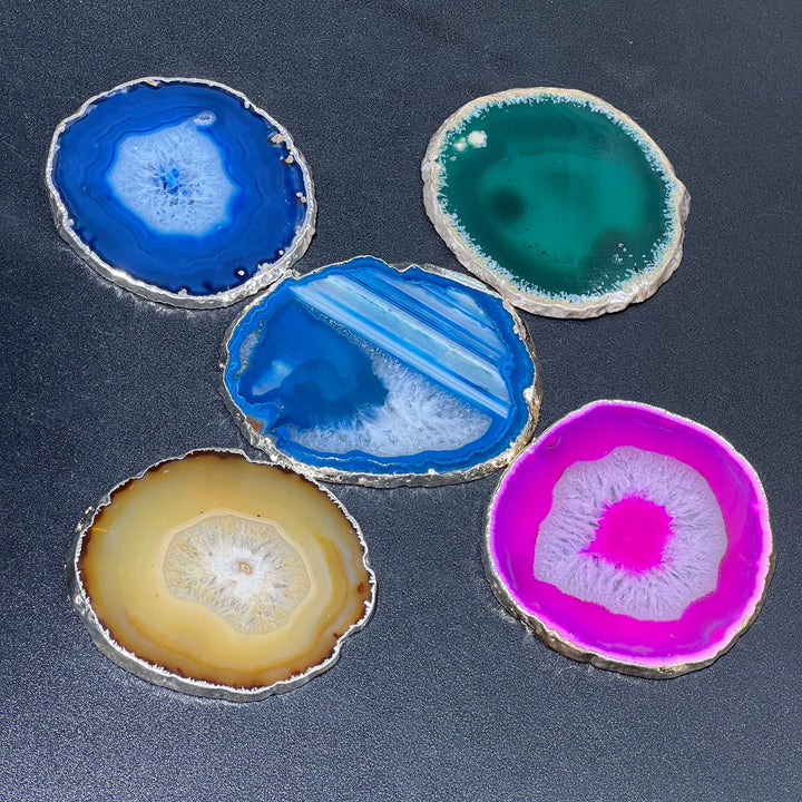 Agate Slice Coaster (2 pcs)(Silver Plated Edges)(3 Inches Wide) Polished Geode Escort Cards Place Card