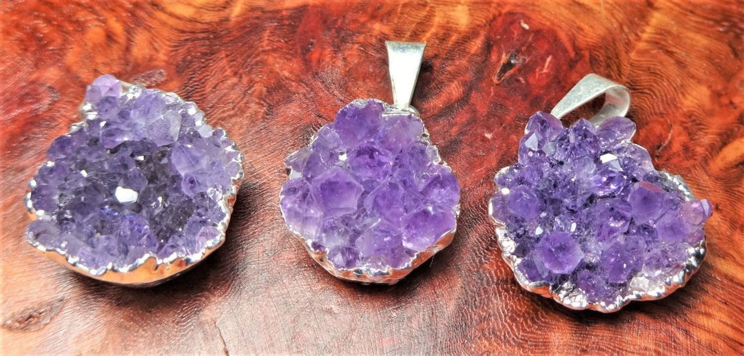 Amethyst Druzy Crystal Pendant (Silver Plated Edges) Petite Purple Jewelry Charm Necklace Supply