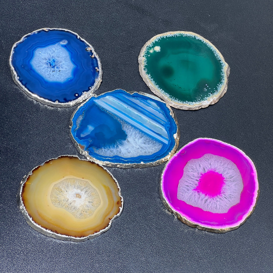 Agate Slice Coaster (2 pcs)(Silver Plated Edges)(3 Inches Wide) Polished Geode Escort Cards Place Card