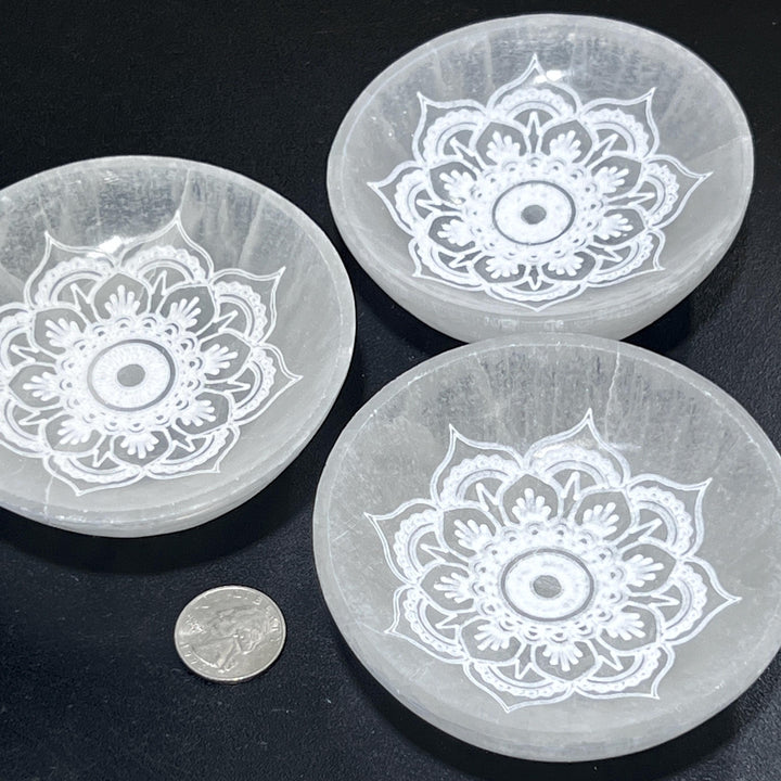 Selenite Crystal Mandala Lotus Engraved Bowl (10cm)(4 Inches) Gemstone Decor Carving Wholesale Supply