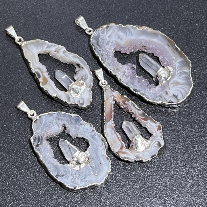 Oco Geode Druzy with Quartz Crystal Point Pendant (Silver Plated) Wholesale