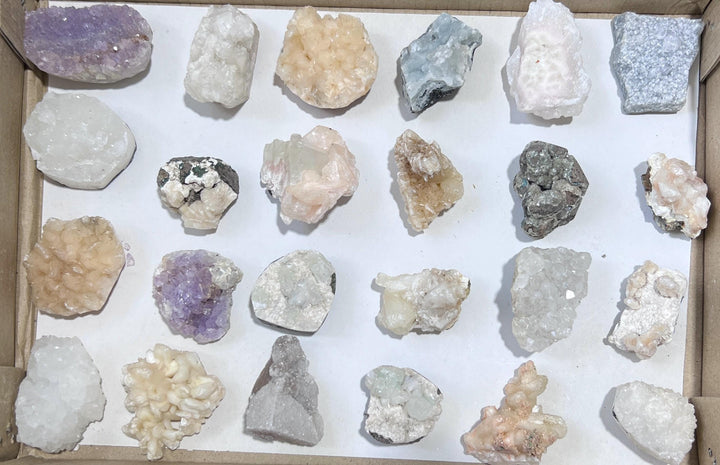 Zeolite Crystal Collection Lot (24 Mixed Pieces) Wholesale Box Flat Rough Raw Apophyillite Stilbite Amethyst Thomsonite