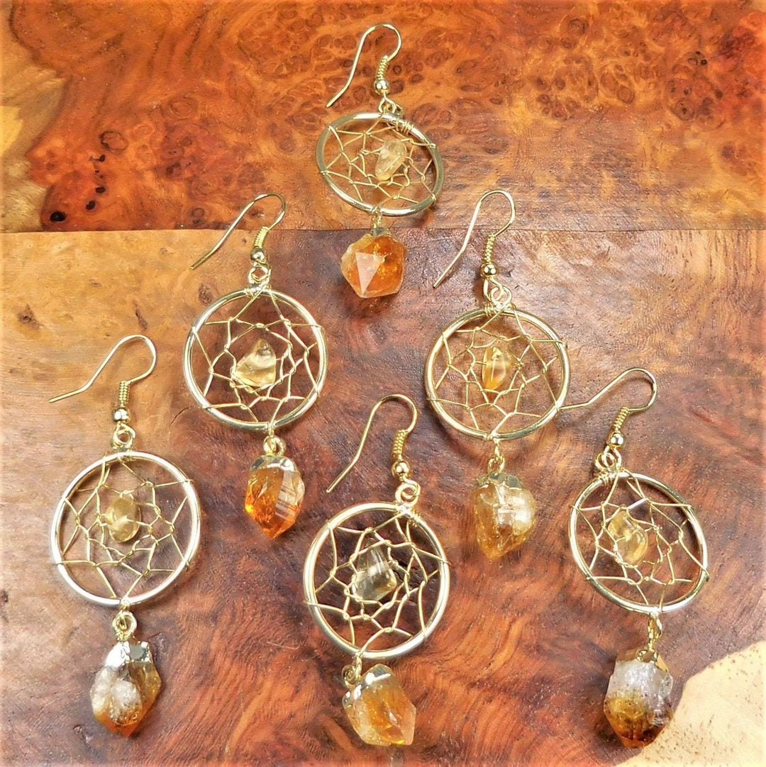 DreamCatcher Earrings Pair (Citrine Crystal)(Gold Plated)(Stainless Steel Hooks) Gemstone Jewelry Supply