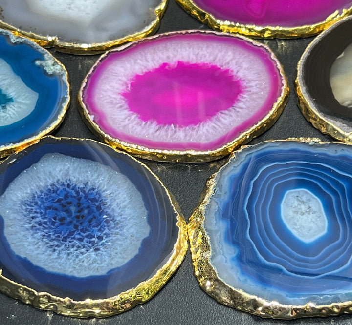 Agate Slice Coaster Gold Plated (Size #3)(3.5 Inches) Grade A Escort Place Cards Painting Blanks Pink Blue Teal Green Gray Purple Brown