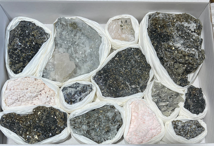 Bolivian Minerals Crystal Collection (Large 15x10 Inch Flat)(12 LBs) Pyrite Sphalerite Galena Quartz Pink Mangano Calcite Wholesale Bulk Lot